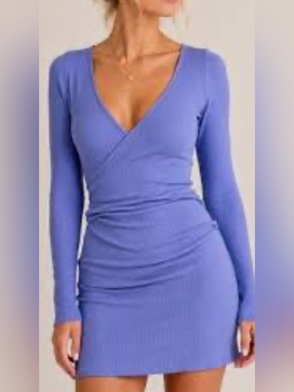 FP Beach Periwinkle Blue Ribbed Wrap Mini Dress Bodycon Long Sleeve L Festival